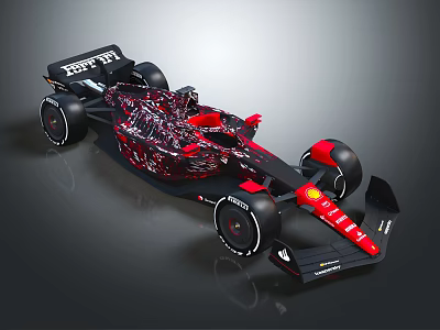 Formula 1 Race Car With Black Red Patterned Body And Shell Logo Design 3d model