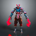 Mythical Game Movie Character With Red Horns Blue Gray Armor And Flame Arms 3d model