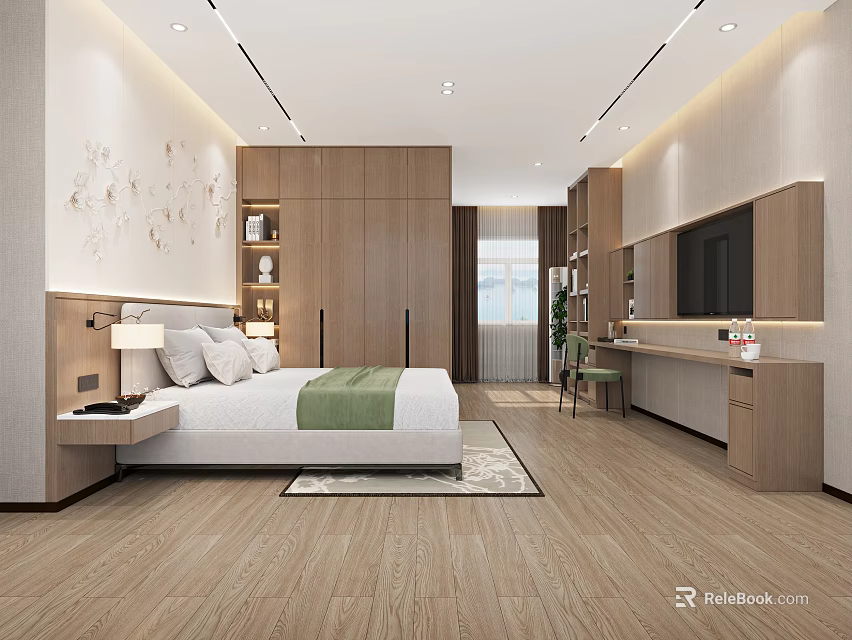 Modern Hotel Guest Room With Bed Green Blanket Wooden Wardrobes Desk Chair And Window 3d model 