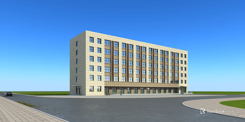 Modern School Building With Beige Exterior Numerous Windows And Spacious Front Plaza 3d model