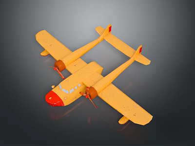 Yellow Toy Airplane Model With Red Nose Two Propellers Wings And Tail 3d model