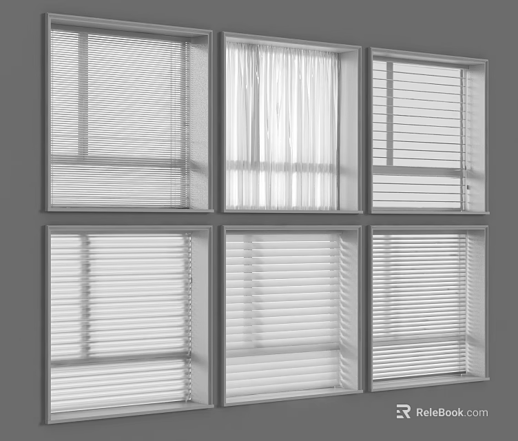 Various Window Coverings with Sheer Curtain and Blinds on Multiple Windows 3d model