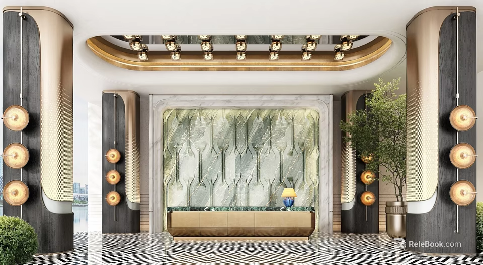 Luxurious Hotel Lobby Interior With Marble Feature Wall Chandelier Front Desk And Green Plant 3d model 