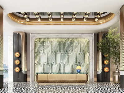 Luxurious Hotel Lobby Interior With Marble Feature Wall Chandelier Front Desk And Green Plant 3d model