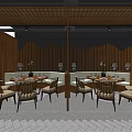 Wooden Panel Restaurant Interior With Lattice Partitions Herringbone Floor And Dining Seats