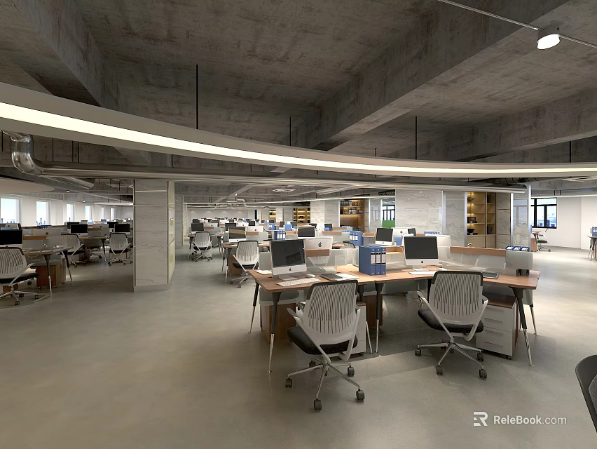 Modern Public Office Space Interior With Open Layout Desks Computers Concrete Ceiling And Lighting Strips 3d model 