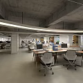 Modern Public Office Space Interior With Open Layout Desks Computers Concrete Ceiling And Lighting Strips 3d model