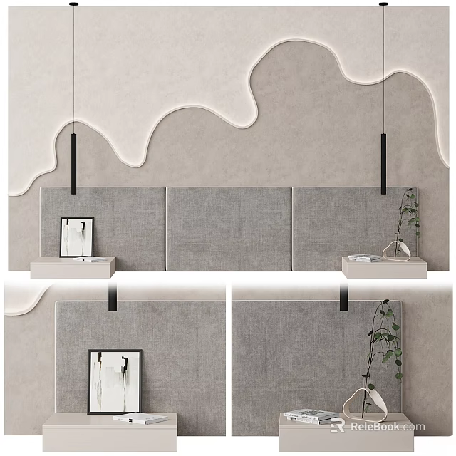 Modern Interior Wall Decor With Gray Wavy Design Mirror Shelf And Green Plant Accents 3d model 