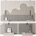 Modern Interior Wall Decor With Gray Wavy Design Mirror Shelf And Green Plant Accents