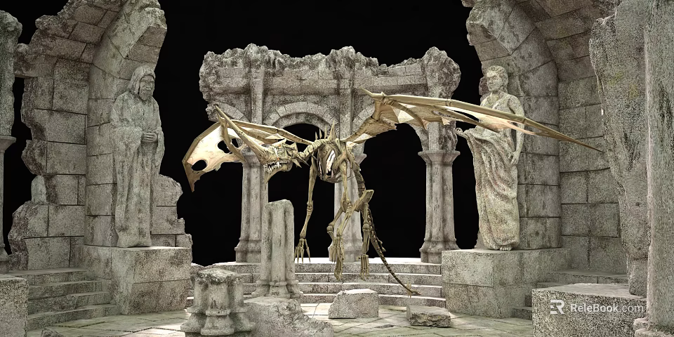 Game Movie Character Ancient Skeleton Dragon With Stone Pillars Statues And Ruins 3d model 