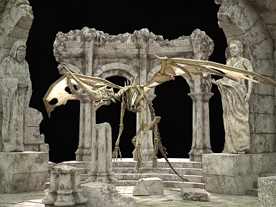 Game Movie Character Ancient Skeleton Dragon With Stone Pillars Statues And Ruins 3d model