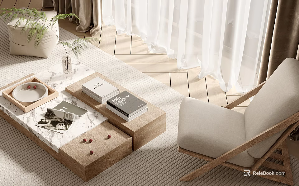 Modern Living Room Wooden Coffee Table and Beige Armchair Set with Books Tray and Plant 3d model 