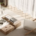 Modern Table and Chair Combination Single Chair Coffee Table Wood Floor Curtain Gauze Curtain 3d model