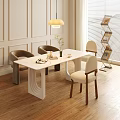 Modern White Dining Table Set With Curved Legs Leather Fabric Chairs Wooden Floor Lamp Bookshelf