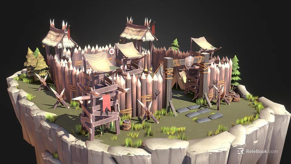 Ancient Architecture Fortification With Wooden Palisade Thatched Roofs Flags And Weapons 3d model 