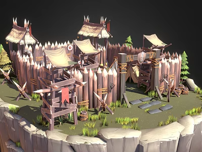 Ancient Architecture Fortification With Wooden Palisade Thatched Roofs Flags And Weapons 3d model