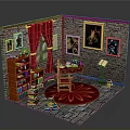 Cozy Study Room Interior With Brick Walls Red Curtains Bookshelf And Desk