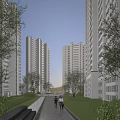 Tall Modern Residential Buildings With Lush Greenery Pathway And Evening Lights People Walking