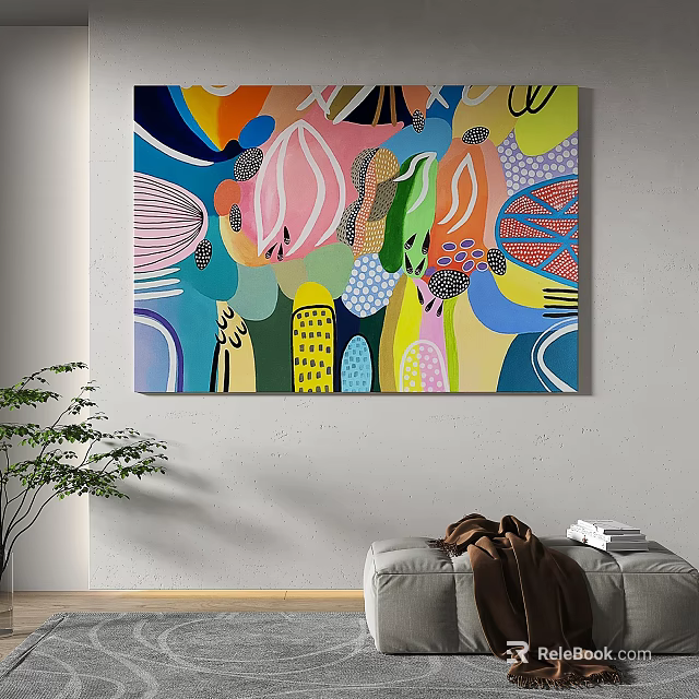 Vibrant Abstract Painting With Colorful Organic Forms And Geometric Shapes On Wall 3d model