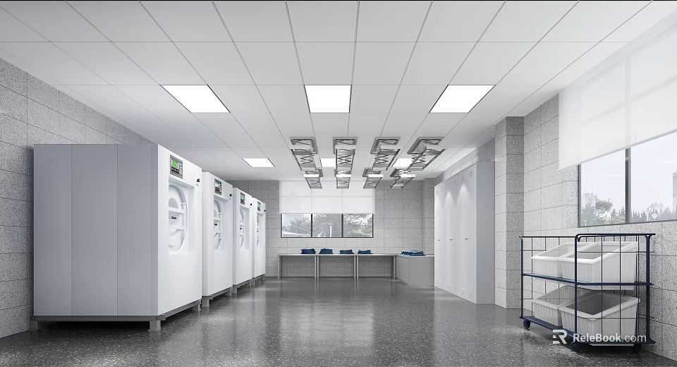 Clean Industrial Interior With White Equipment Long Table Ceiling Lights And Cart 3d model 