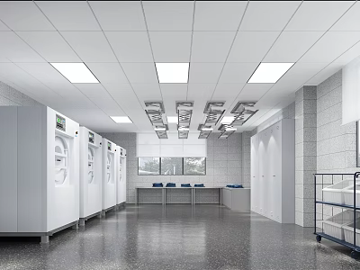 Clean Industrial Interior With White Equipment Long Table Ceiling Lights And Cart 3d model