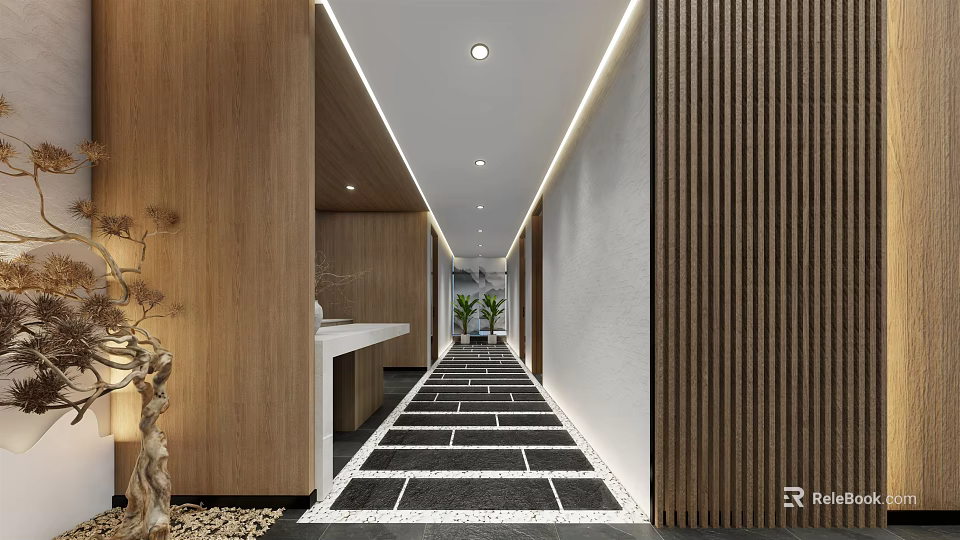 Modern Office Corridor With Black And White Floor Tiles Wooden Panel Walls And Recessed Lighting 3d model 