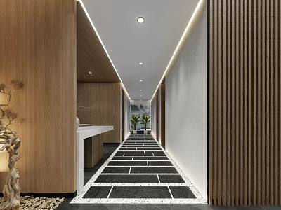 Modern Office Corridor With Black And White Floor Tiles Wooden Panel Walls And Recessed Lighting 3d model