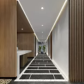 Modern Office Corridor With Black And White Floor Tiles Wooden Panel Walls And Recessed Lighting