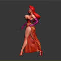 Game Movie Character In Red Sequined Dress High Slit Red Hair Pink Gloves Holding Wand