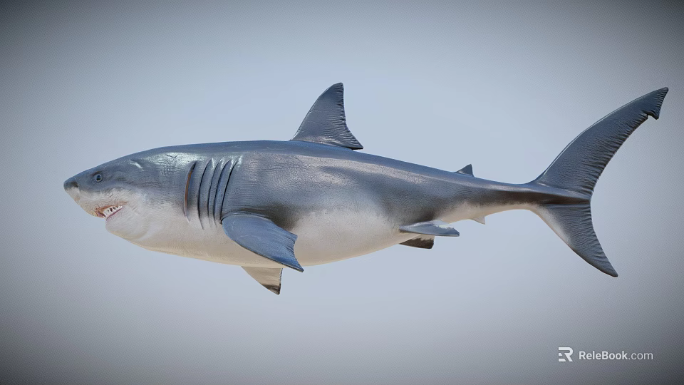 Great White Shark With Open Mouth Gray White Body And Fins 3d model 