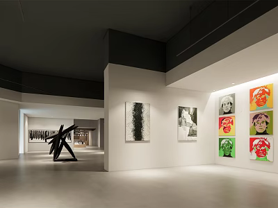 Contemporary Art Exhibition Hall Featuring Abstract Paintings And Sculpture Displays 3d model