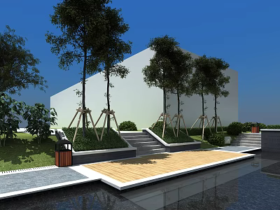Garden Landscape Design with Trees Stone Steps Wooden Deck and White Building 3d model
