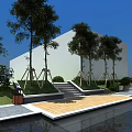 Garden Landscape Design with Trees Stone Steps Wooden Deck and White Building