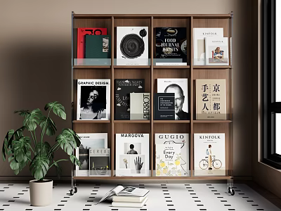 Wooden Open Shelves Bookcase With Books Magazines Decor And Green Plant 3d model