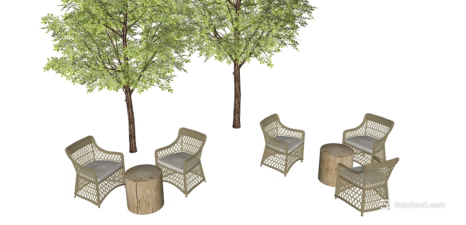 Outdoor Rattan Chair And Stump Stool Set With Two Trees In Garden 3d model 