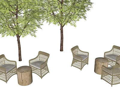 Outdoor Rattan Chair And Stump Stool Set With Two Trees In Garden 3d model