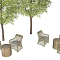 Outdoor Rattan Chair And Stump Stool Set With Two Trees In Garden