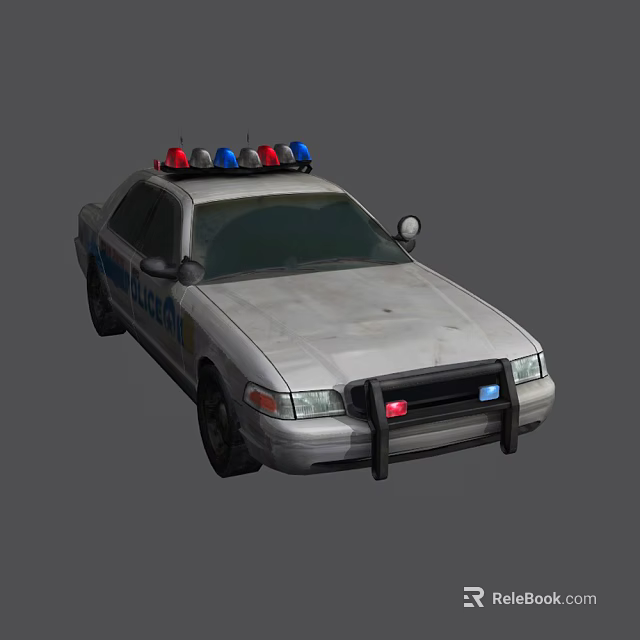 White Police Car With Red Blue Lights Police Lettering And Front Push Bumper 3d model 