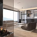 Modern Living Dining Room With Sofa TV Dining Table Pendant Lights And Window View