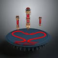 Ornate Display Platform With Circular Base Red Decorative Pillars And Engraved Text