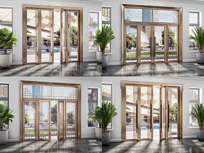 Modern Double Entry Doors Featuring Brass Frame Glass Panels And Potted Plants In Interior 3d model
