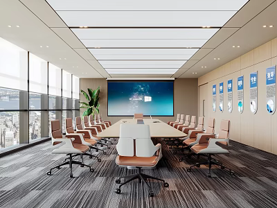 Modern Conference Room Interior With Long Table Large Screen And Floor To Ceiling Windows 3d model