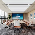 Modern Conference Room Interior With Long Table Large Screen And Floor To Ceiling Windows