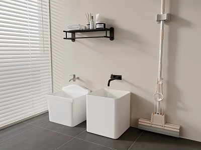 Modern Bathroom With Window Blinds Two White Square Sinks Black Shelf And Gray Floor Tiles 3d model