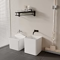 Modern Bathroom With Window Blinds Two White Square Sinks Black Shelf And Gray Floor Tiles
