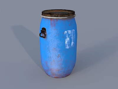 Blue Rusty Barrel With Lid Black Handle And White Marks On Surface 3d model