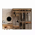Modern Wardrobe Design With Glass Doors Golden Frame Round Mirror And Hanging Clothes