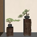 Bonsai Trees With Unique Curved Branches In Black Pots On Wooden Stumps Against Light Wall