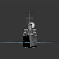 Green Military Warship Sailing on Blue Ocean Waves with Multiple Turrets and Upper Structures
