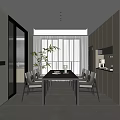 Modern Restaurant Interior Featuring Open Design Long Dining Table Chairs Cabinets And Potted Plants